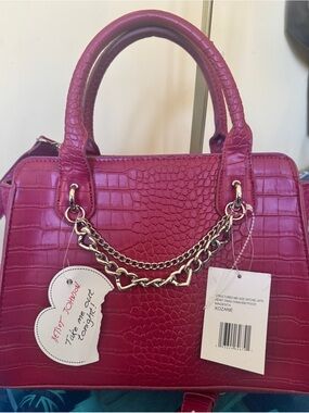 NWT Betsey Johnson Xozane Structured Midsize Satchel - Red Croc-Embossed